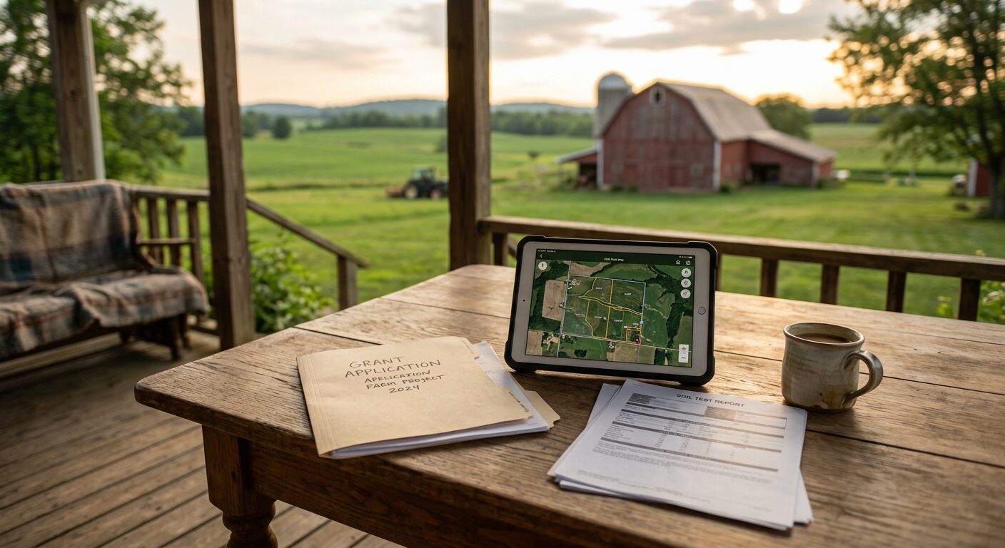 A porch table with a grant application folder and a field map