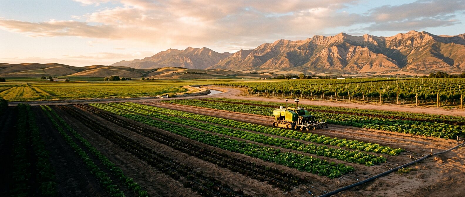 A farm valley at golden hour with a field robot working the rows and mountains behind