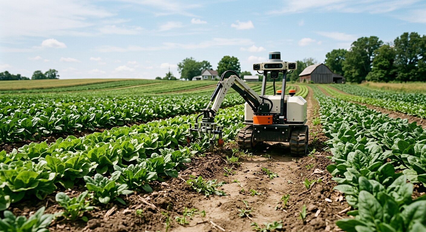 A weeding robot working between rows of leafy greens