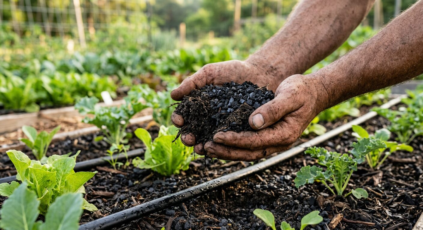 Hands holding dark soil mixed with biochar beside a drip irrigation line
